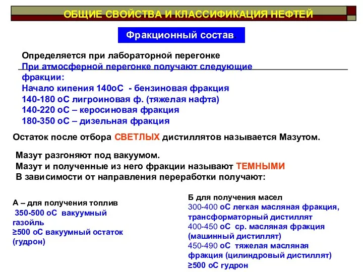 ОБЩИЕ СВОЙСТВА И КЛАССИФИКАЦИЯ НЕФТЕЙ Фракционный состав. Определяется при лабораторной перегонке