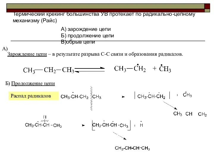 Термический крекинг большинства УВ протекает по радикально-цепному механизму (Райс) А) зарождение