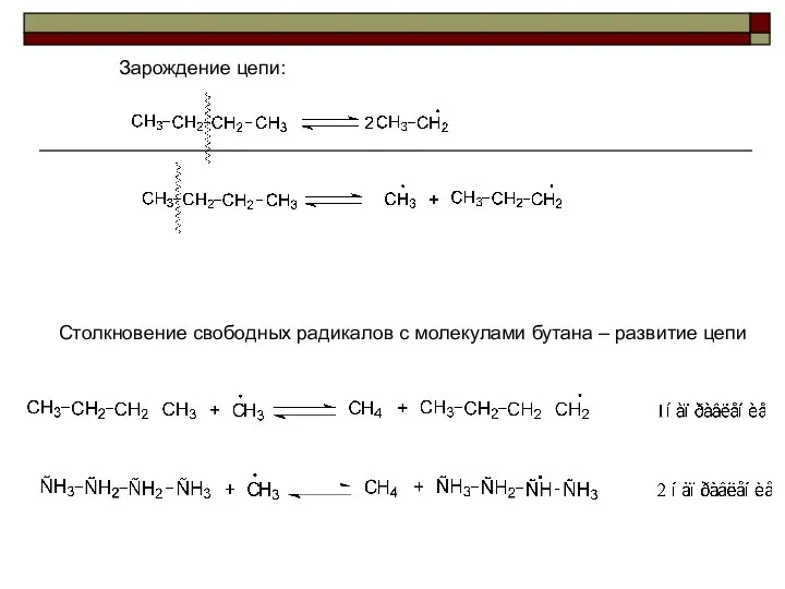 Зарождение цепи: Столкновение свободных радикалов с молекулами бутана – развитие цепи