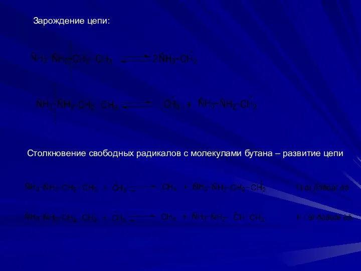 Зарождение цепи: Столкновение свободных радикалов с молекулами бутана – развитие цепи