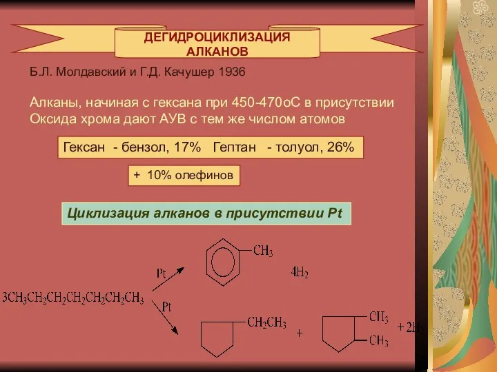 ДЕГИДРОЦИКЛИЗАЦИЯ АЛКАНОВ Б.Л. Молдавский и Г.Д. Качушер 1936 Алканы, начиная с