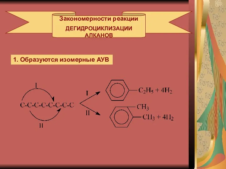 Закономерности реакции ДЕГИДРОЦИКЛИЗАЦИИ АЛКАНОВ 1. Образуются изомерные АУВ