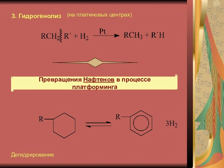 3. Гидрогенолиз Превращения Нафтенов в процессе платформинга (на платиновых центрах) Дегидрирование