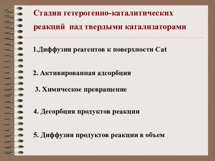 Стадии гетерогенно-каталитических реакций над твердыми катализаторами 1.Диффузия реагентов к поверхности Cat