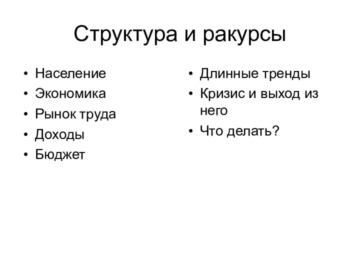 Структура и ракурсы Население Экономика Рынок труда Доходы Бюджет Длинные тренды