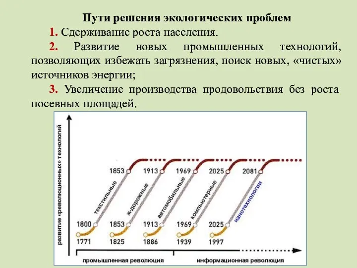 Пути решения экологических проблем 1. Сдерживание роста населения. 2. Развитие новых