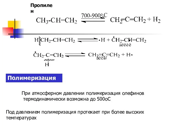 Пропилен Полимеризация При атмосферном давлении полимеризация олефинов термодинамически возможна до 500оС