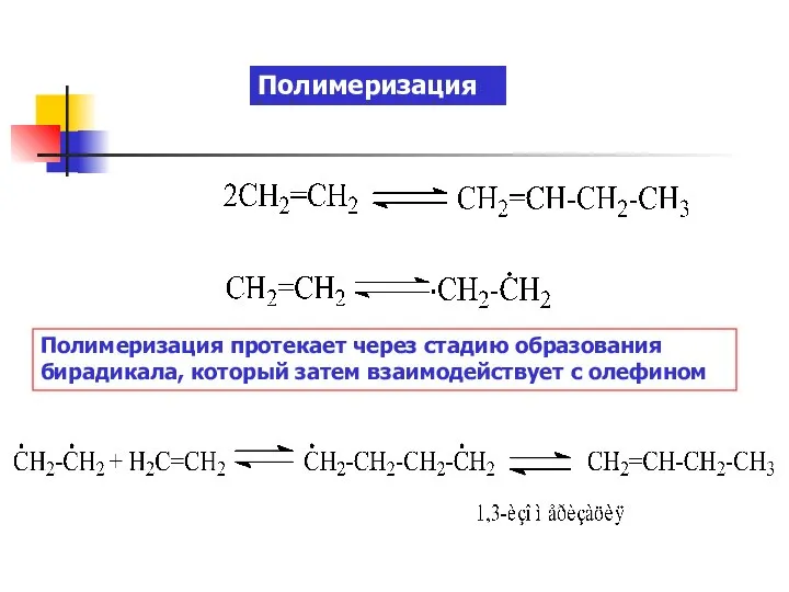 Полимеризация Полимеризация протекает через стадию образования бирадикала, который затем взаимодействует с олефином