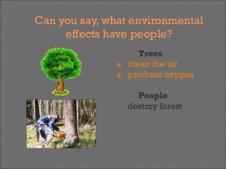 Can you say, what environmental effects have people? Trees clean the