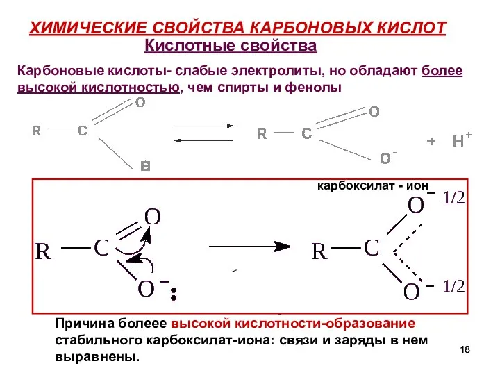 ХИМИЧЕСКИЕ СВОЙСТВА КАРБОНОВЫХ КИСЛОТ карбоксилат - ион - Кислотные свойства Карбоновые