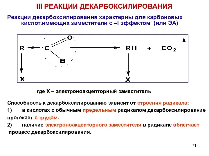 III РЕАКЦИИ ДЕКАРБОКСИЛИРОВАНИЯ Реакции декарбоксилирования характерны для карбоновых кислот,имеющих заместители с