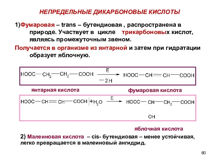 НЕПРЕДЕЛЬНЫЕ ДИКАРБОНОВЫЕ КИСЛОТЫ 1)Фумаровая – trans – бутендиовая , распространена в