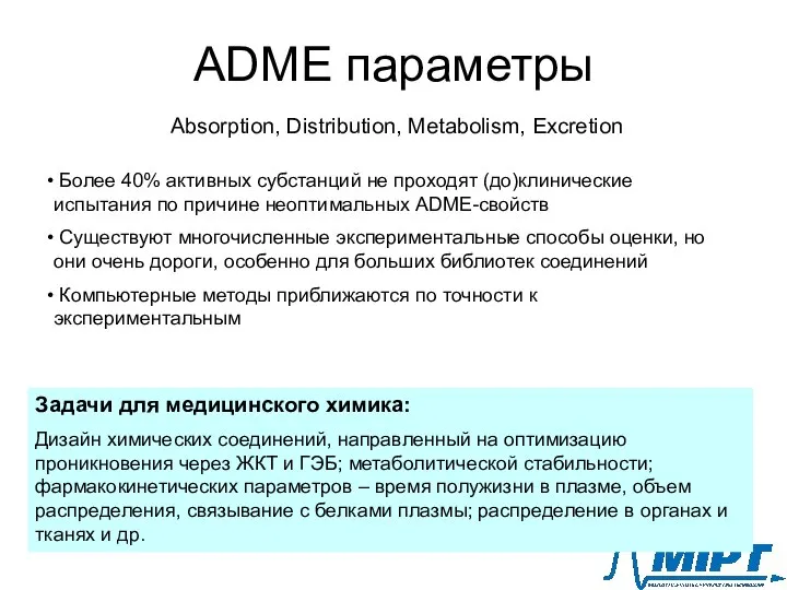 ADME параметры Absorption, Distribution, Metabolism, Excretion Задачи для медицинского химика: Дизайн