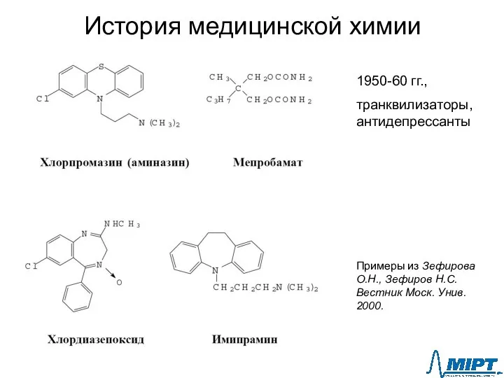 История медицинской химии 1950-60 гг., транквилизаторы, антидепрессанты Примеры из Зефирова О.Н.,