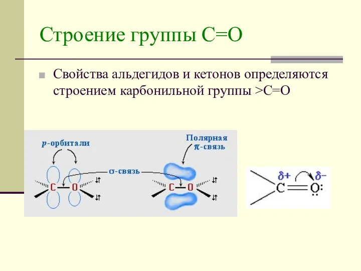 Строение группы С=О Свойства альдегидов и кетонов определяются строением карбонильной группы >C=O