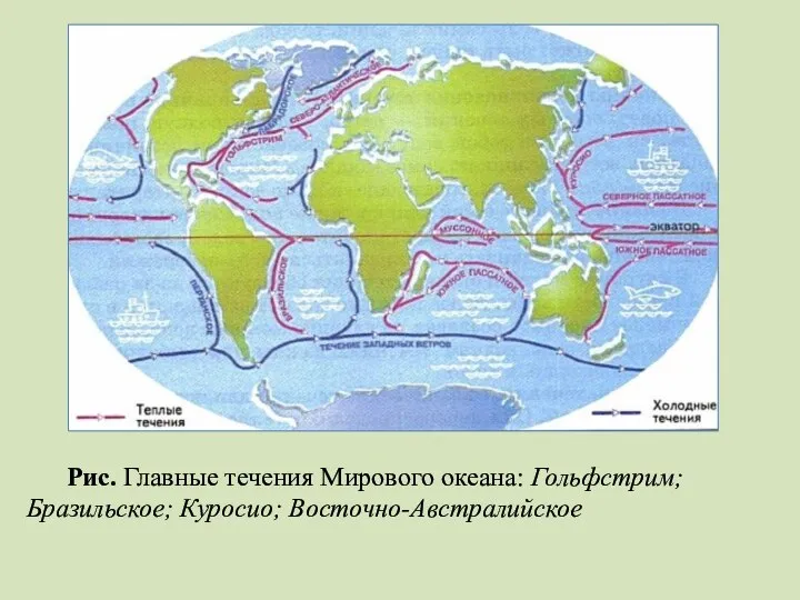 Рис. Главные течения Мирового океана: Гольфстрим; Бразильское; Куросио; Восточно-Австралийское