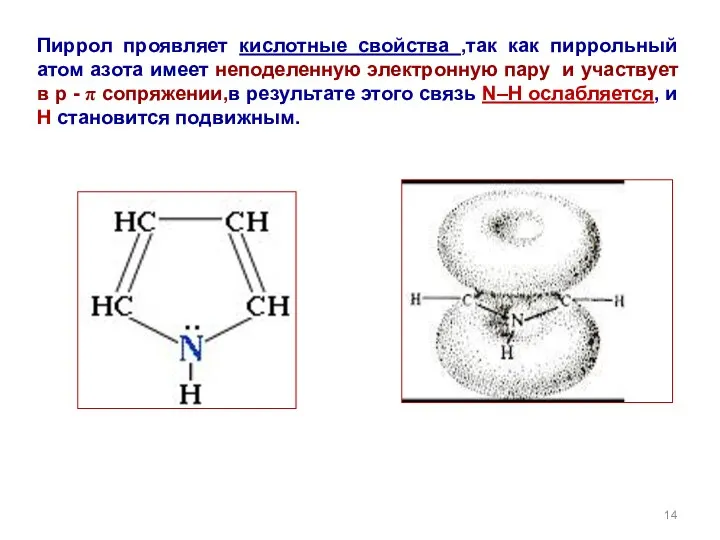 Пиррол проявляет кислотные свойства ,так как пиррольный атом азота имеет неподеленную