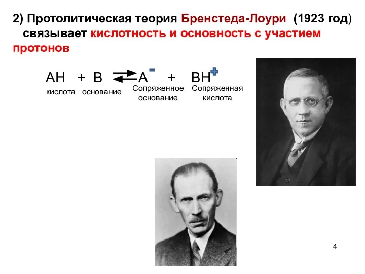 кислота основание Сопряженное основание Сопряженная кислота 2) Протолитическая теория Бренстеда-Лоури (1923