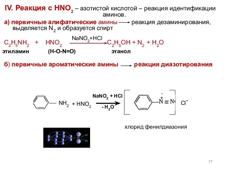IV. Реакция с HNO2 – азотистой кислотой – реакция идентификации аминов.