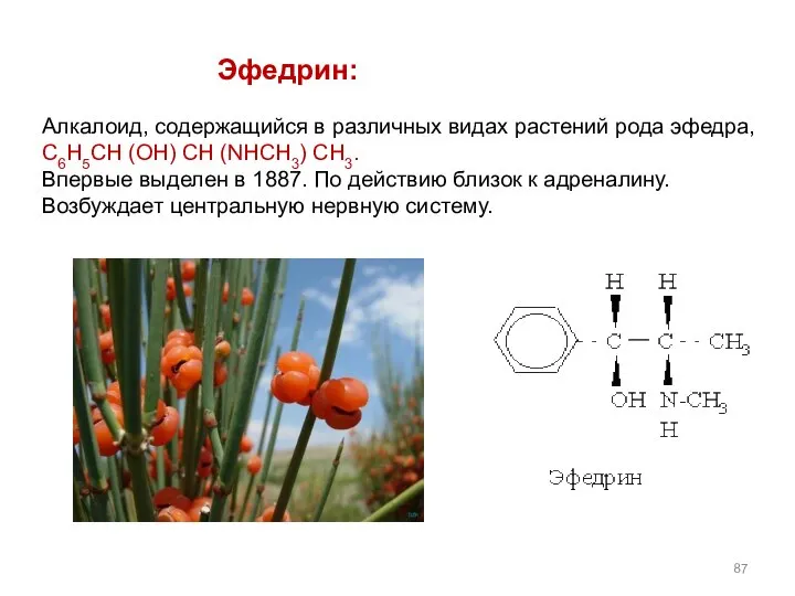 Эфедрин: Алкалоид, содержащийся в различных видах растений рода эфедра, C6H5CH (OH)