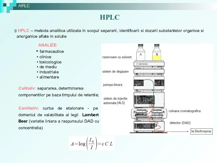 HPLC HPLC – metoda analitica utilizata in scopul separarii, identificarii si