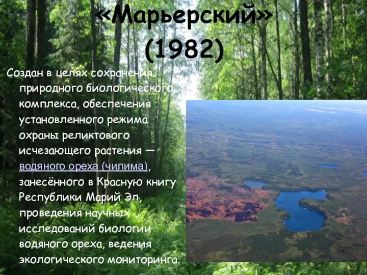 «Марьерский» (1982) Создан в целях сохранения природного биологического комплекса, обеспечения установленного