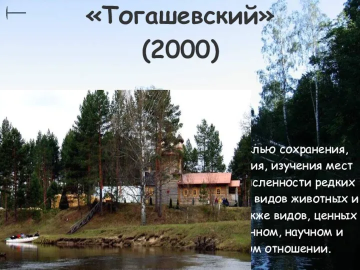 «Тогашевский» (2000) Образован с целью сохранения, восстановления, изучения мест обитания и