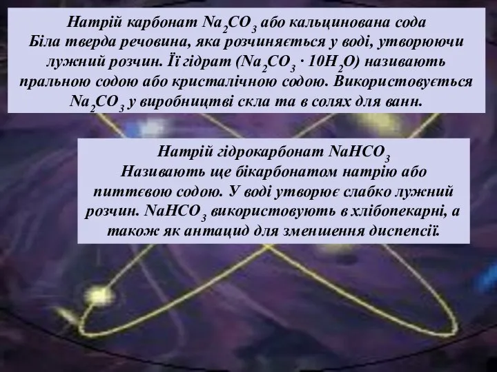 Натрій карбонат Na2CO3 або кальцинована сода Біла тверда речовина, яка розчиняється