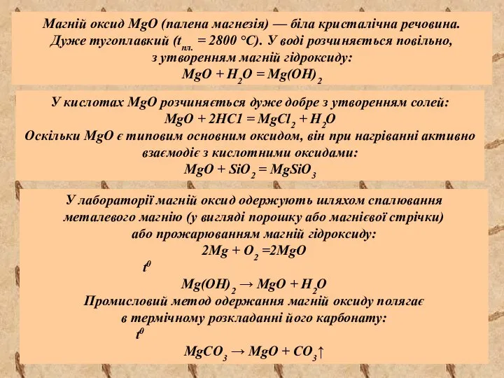 Магній оксид MgO (палена магнезія) — біла кристалічна речовина. Дуже тугоплавкий