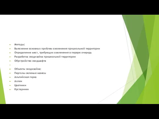 Методы: Выяснение основных проблем озеленения пришкольной территории Определение мест, требующих озеленения