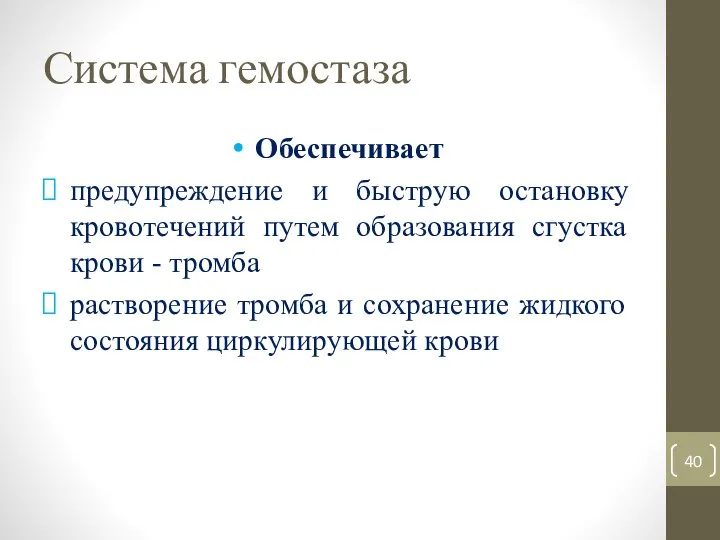 Система гемостаза Обеспечивает предупреждение и быструю остановку кровотечений путем образования сгустка