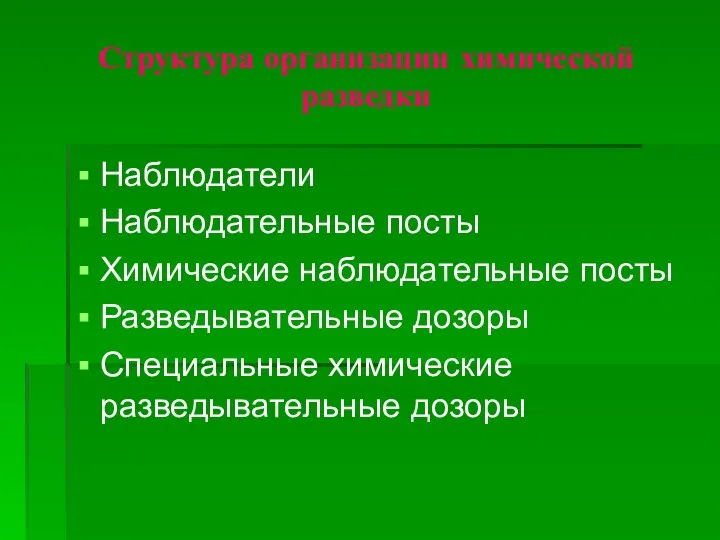 Структура организации химической разведки Наблюдатели Наблюдательные посты Химические наблюдательные посты Разведывательные дозоры Специальные химические разведывательные дозоры