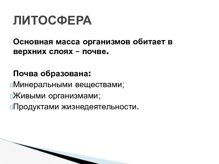 Основная масса организмов обитает в верхних слоях – почве. Почва образована: