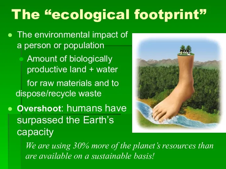 The “ecological footprint” The environmental impact of a person or population