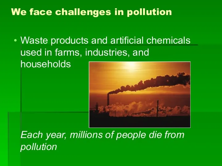 We face challenges in pollution Waste products and artificial chemicals used