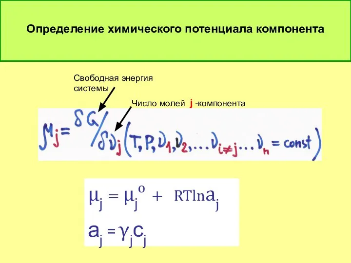 Определение химического потенциала компонента μj = μjo + RTlnaj aj =