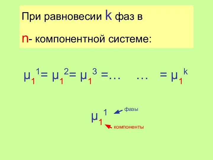 μ11= μ12= μ13 =… … = μ1k При равновесии k фаз