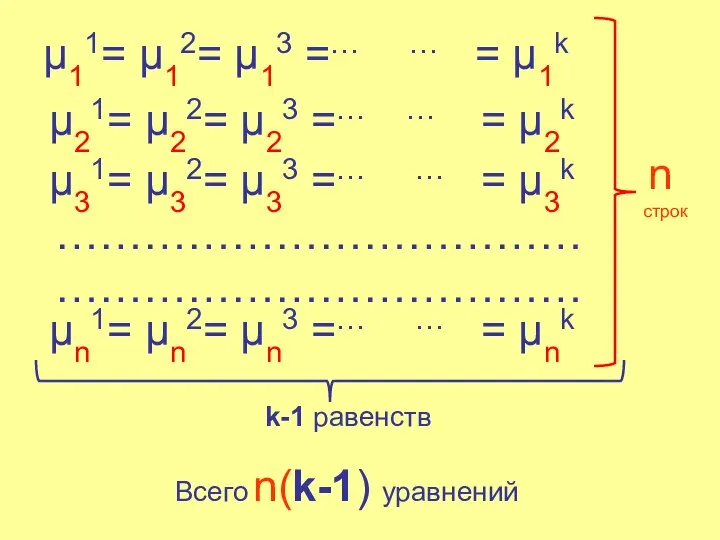 μ11= μ12= μ13 =… … = μ1k μ21= μ22= μ23 =…