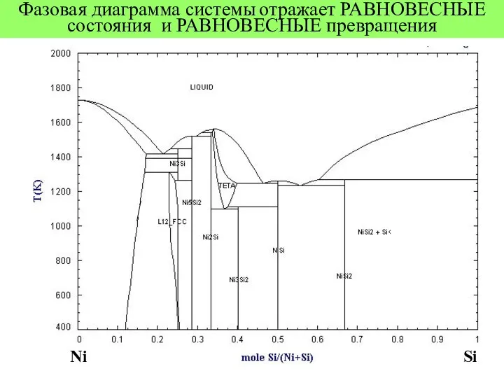 Фазовая диаграмма системы отражает РАВНОВЕСНЫЕ состояния и РАВНОВЕСНЫЕ превращения Ni Si