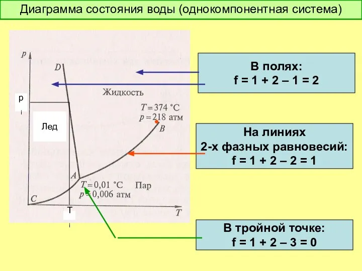 Диаграмма состояния воды (однокомпонентная система) • Лед pi Ti В полях: