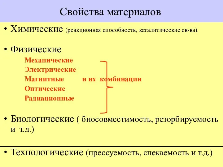 Свойства материалов Химические (реакционная способность, каталитические св-ва). Физические Механические Электрические Магнитные