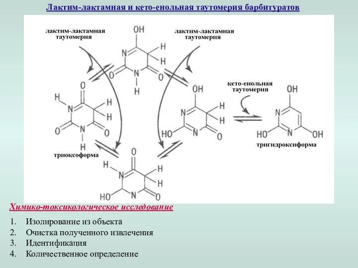 Лактим-лактамная и кето-енольная таутомерия барбитуратов Химико-токсикологическое исследование Изолирование из объекта Очистка полученного извлечения Идентификация Количественное определение