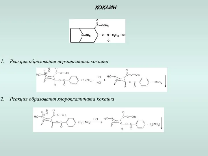 КОКАИН Реакция образования перманганата кокаина Реакция образования хлороплатината кокаина