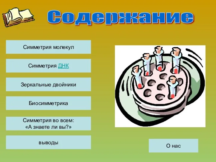 Симметрия молекул Симметрия ДНК Биосимметрика Зеркальные двойники О нас Симметрия во