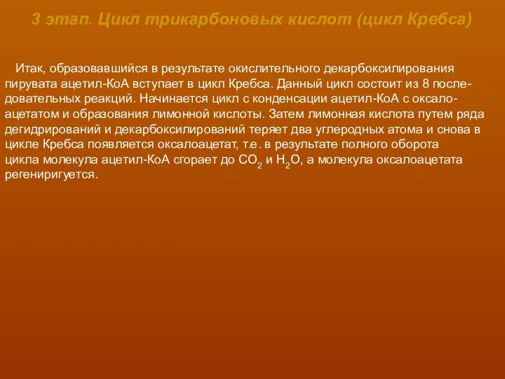 3 этап. Цикл трикарбоновых кислот (цикл Кребса) Итак, образовавшийся в результате