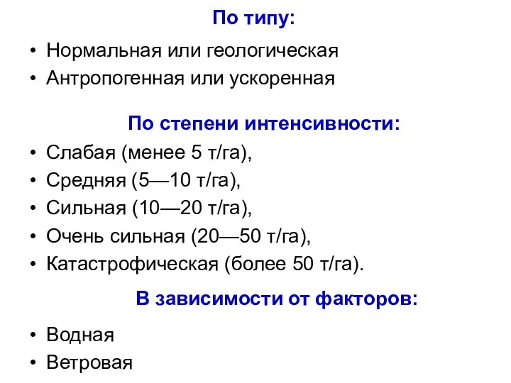 По типу: Слабая (менее 5 т/га), Средняя (5—10 т/га), Сильная (10—20