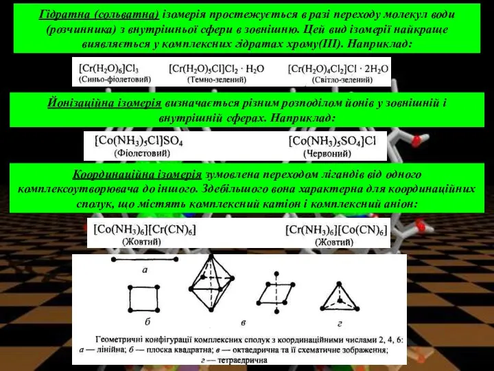 Гідратна (сольватна) ізомерія простежується в разі переходу молекул води (розчинника) з