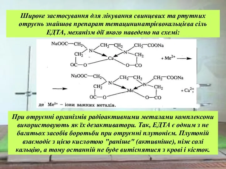 Широке застосування для лікування свинцевих та ртутних отруєнь знайшов препарат тетацининатрієвокальцієва