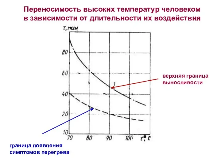 Переносимость высоких температур человеком в зависимости от длительности их воздействия верхняя