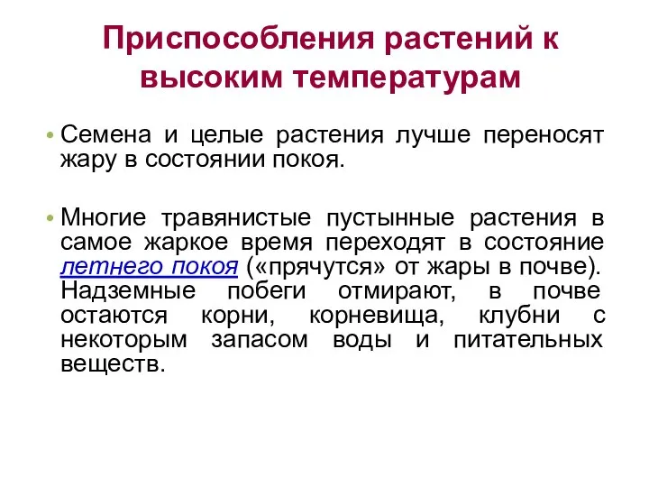 Приспособления растений к высоким температурам Семена и целые растения лучше переносят